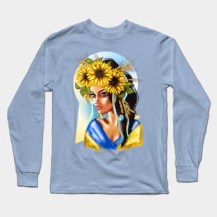 Ukrainian woman with national flag with wheat and flowers Long Sleeve T-Shirt